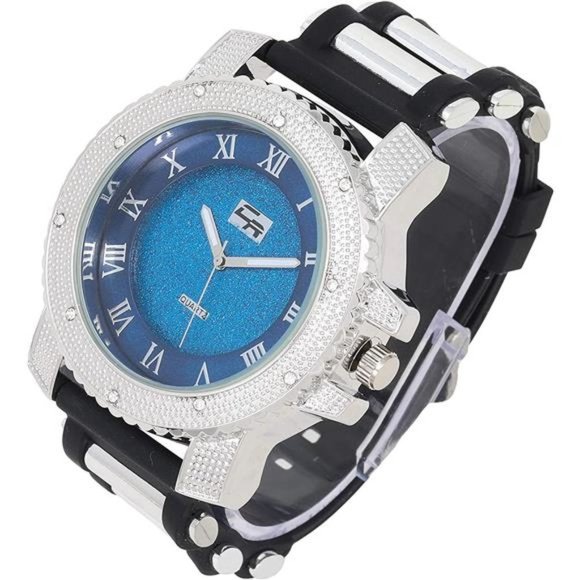 Mens Fully Iced Out Watch with Blue Dial
